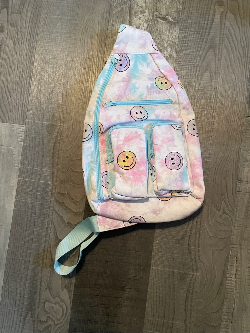 No Boundaries Pastel Tie-Dye Smiley Face Sling Bag - Pink, Blue, Purple, Yellow